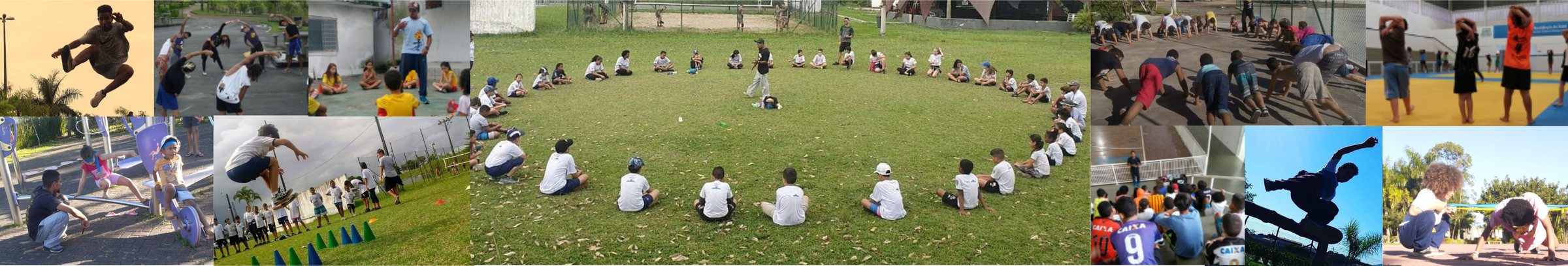 Montagem de fotos dos treinos do Projeto Parkour do Litoral, com a turma sentada em roda no Parque da Cidade